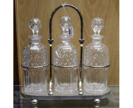 3 Piece Decanter Set On Silver Plated Stand With Swing Handle, One Decanter Chipped/Cracked