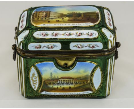Antique - Bevelled Glass and Enamel French Dome Topped Twin Handle Hinged Lidded Casket with Lock. 19th Century. The Green Gl
