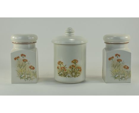 Hornsea - Quality Set of 3 Ceramic Lidded / Airtight Canisters Decorated with Spring Flowers to Bodies on Cream Ground. 8.25 