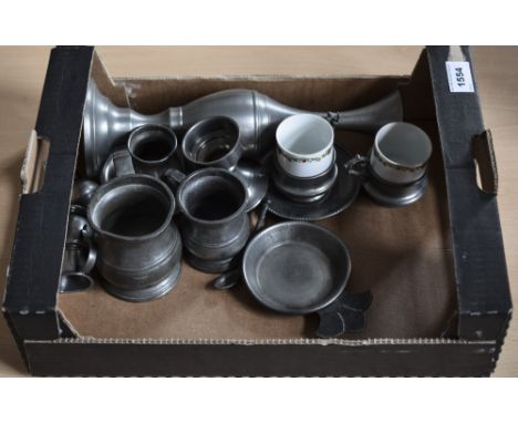 Small Quantity Of Pewter To Include A Bud Vase, 2 Rama Peltro Cup Holders & Saucers With Floral Ceramic Ancar Inserts, Spoon,