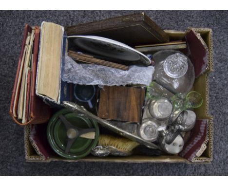 Mixed Box Of Collectibles To Include A Decanter, Photo Frames, Boxed Knife Set, Pottery, Hand Mirror And Brush Set, Wooden Bo