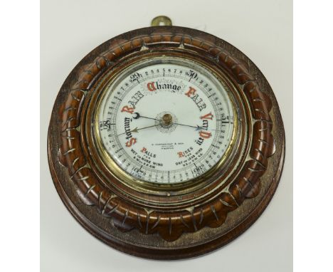 Early 20th Century Carved Oak Cased Circular Wall Barometer, Porcelain Dial, G. Cartwright & Son, Preston. 10 x 10 Inches. Go