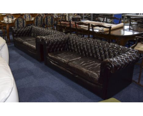 Pair Of Traditional 3 Seater Button Back Chesterfield Sofas , Dark Brown Leather Cushion Seats, Frames Appear Sound, Colour L