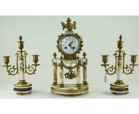 French Impressive 19th Century Mantel Gilt Metal and Marble Ornate Clock Garniture Set. c.1890's. 8 Day Striking on a Bell wi