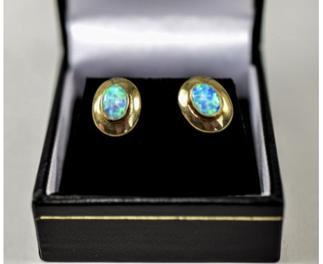 Ladies Pair Of 9ct Gold Opal Set Earrings, Marked 375. Boxed. Excellent Condition.