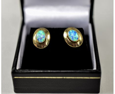 Ladies Pair Of 9ct Gold Opal Set Earrings, Marked 375. Boxed. Excellent Condition.