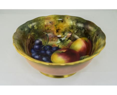 Royal Worcester Hand Painted and Signed Large Footed Bowl ' Fallen Fruits ' Stillife to Interior of Bowl, with Pink and Gold 