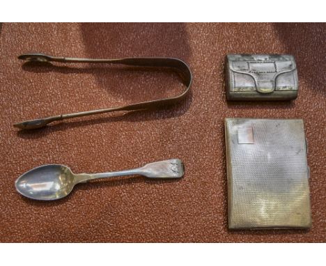 Small Mixed Lot Comprising Silver Cigarette Case 1910, Silver Sugar Tongs, Georgian Silver Spoon And Base Metal Snuff Box 