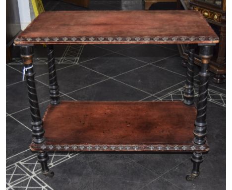 Two Tier Tea Trolley, with Caster Feet And Turned Columned Supports. Each Shelf Covered With Velvet Material.
