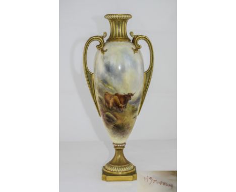Royal Worcester Hand Painted Excellent Quality Twin Handle Vase ' Highland Cattle ' Signed Harry Stinton. Date 1911. Height 1