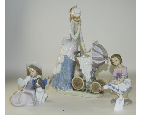 Lladro Figurine ' Baby's Outing ' Model Num 4938. Issued 1976. Height 12.5 Inches. Together with Two Other Lladro Figures. Al