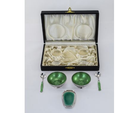 A Fine Boxed Set of Danish Silver and Enamel Salts - Complete with Spoons, Marked Meka, Sterling, Denmark + a Danish Silver E