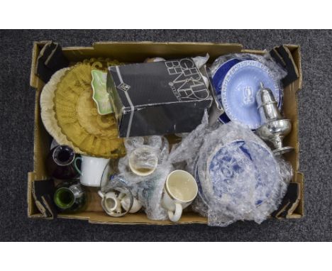 Mixed Box Of Collectable's To Include A Selangor Pewter Sifter, Trinkets, Glass, Pottery, Plates, Napkin Rings, Bangle Etc.