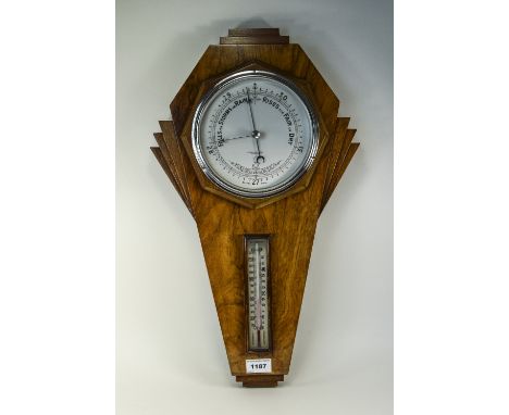 Art Deco Walnut Barometer And Thermometer, Tapered Form, Square Stepped Top And Side Mounts, Dial Marked Broom Reid & Harris 