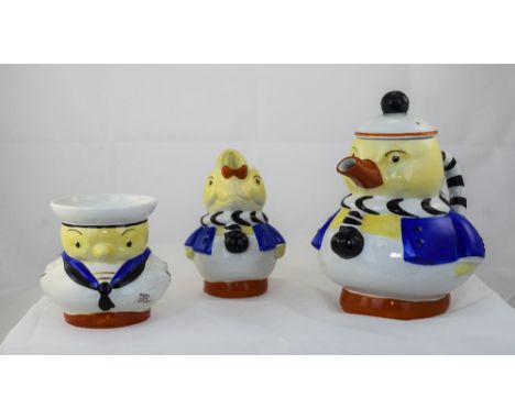 Shelley - Novelty Hand Painted Mabel Lucie Attwell 1930's 3 Piece Duck Tea Set. Comprises Teapot, Milk Jug and Sugar Bowl. Re