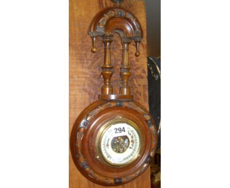 Carved wood framed aneroid barometer