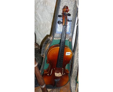 Violin (14") with "Stradivarius" label saying "made in Czechoslovakia " and a bow, cased