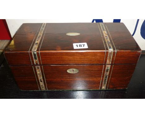 19th c. rosewood tea caddy with mother-of-pearl inlay and internal glass mixing bowl