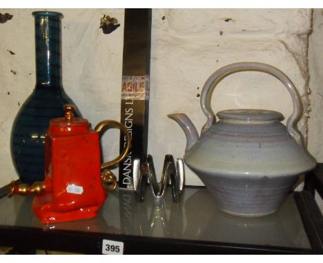 Unusual shape Art Pottery teapot, a Dansk Designs candle holder, Studio pottery teapot and a blue glass bottle vase