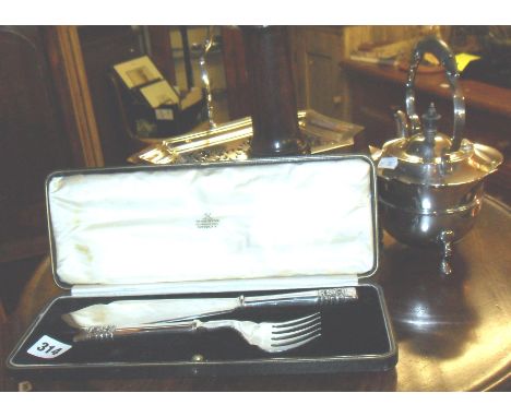 Silver-plated cased fish servers, a cake basket, teapot etc