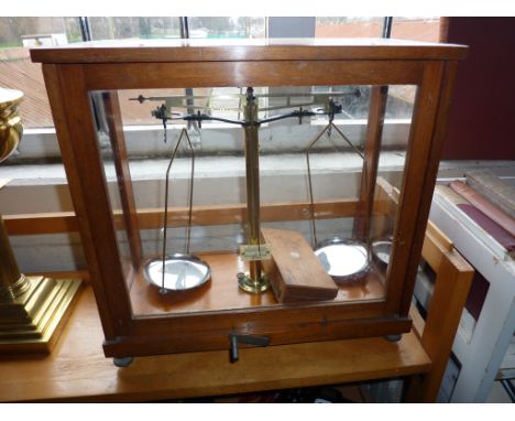 Philip Harris & Co chemistry scale in wood & glass cover and boxed set of weights
