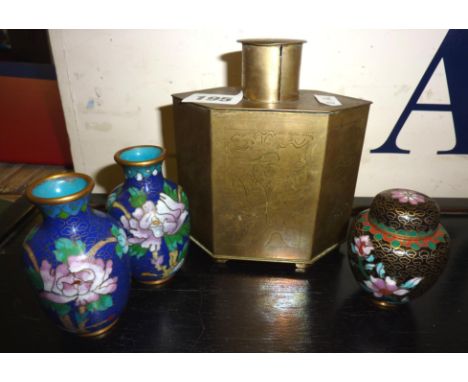 Chinese brass tea caddy with decorative panels, together with a pair of small cloisonne vases and a cloisonne lidded pot
