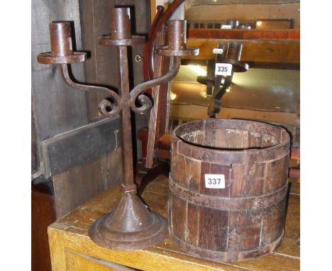 Steel-bound grain measure, and a wrought-iron three-branch candlestick