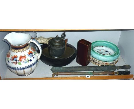 Shelf of assorted items including large Losolware jug, a Poole vase, a Carltonware ring posy vase, two brass garden sprayers 