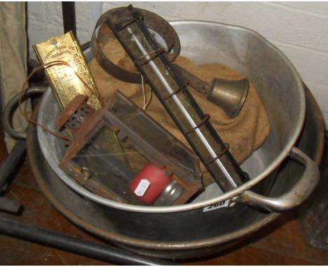 Servant's bell, Greenhouse thermometer, lantern, two preserve pans etc