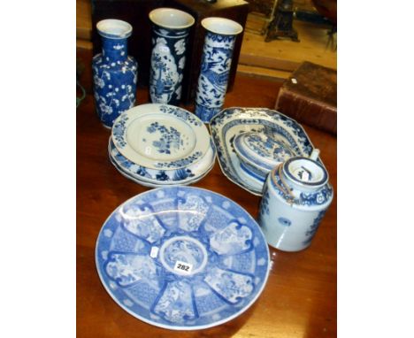 Assorted Chinese blue & white china pieces including plates, platters, vases, a tureen and a teapot