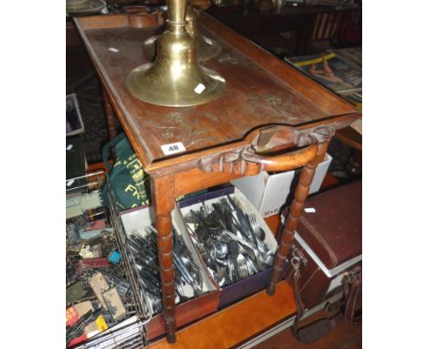 Oriental brass inlaid hardwood tray table with ornately carved handles & bobbin-turned folding legs