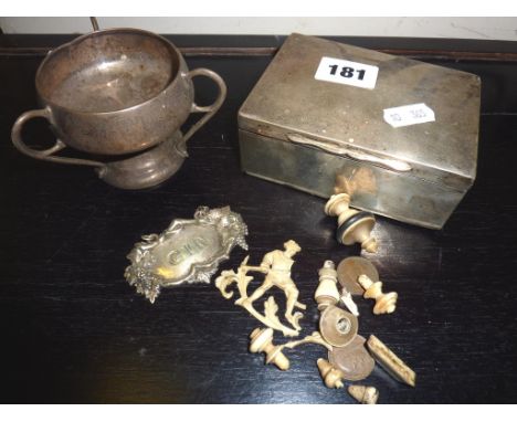 Hallmarked silver cigarette box & contents, an Art Nouveau hallmarked silver goblet, and a silver plate decanter label "GIN" 