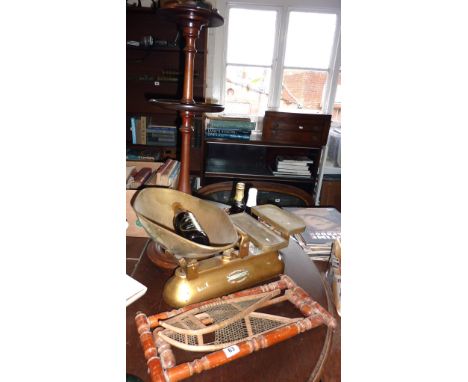Turned wood wall towel rail, greengrocer's scales, celebration beers, smokers stand etc