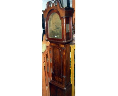 19th c. brass-faced arch-topped 8-day longcase clock in mahogany case, by James Kirkland of Glasgow