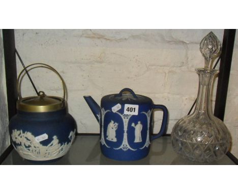 Wedgwood Jasperware teapot, an Adams biscuit barrel and a Victorian glass decanter