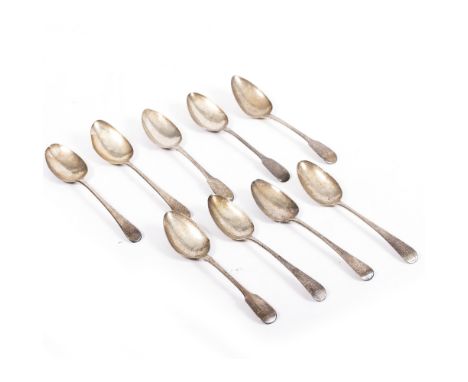 NINE GEORGIAN FIDDLE PATTERN SILVER SPOONS with marks for London Weight: 519.2g Condition: Spoons in poor condition - a crack