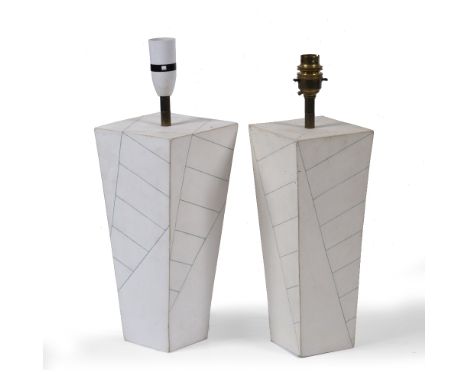 A PAIR OF CONTEMPORARY CERAMIC TABLE LAMPS of square section tapering form with green line decoration and marked beneath with