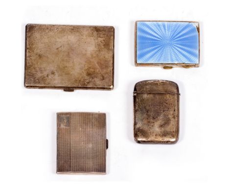 A SMALL QUANTITY OF SILVER CIGARETTE AND VESTA CASES with marks for Birmingham and London, one with a blue enamel top, two wi