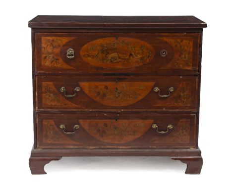 A 19TH CENTURY MAHOGANY AND SATINWOOD INLAID SECRETAIRE CHEST with marquetry inlaid decoration, three drawers and raised on b