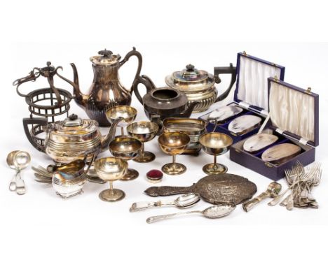 A LARGE QUANTITY OF SILVER PLATED ITEMS to include teapots, cutlery, coffee pots, a lantern, cased silver plated brushes, pew