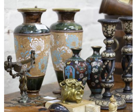 A MIXED LOT to include a pair of cashmere painted candlesticks, each 25cm in height; a pair of Royal Doulton pottery vases, 2