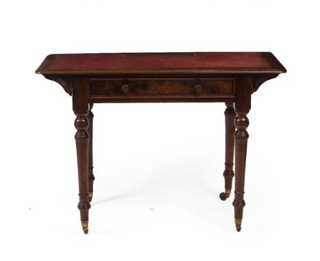 A LATE VICTORIAN WALNUT DESK with a red leather inset top, the drawer stamped W Walker &amp; Sons, having turned legs and cer