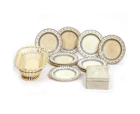 A 19TH CENTURY CREAM WARE POTTERY BASKET 35cm wide x 19cm deep x 9cm high together with twelve Spode dishes with pierced edge