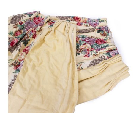 A PAIR OF SMALL INTERLINED CURTAINS WITH DECORATIVE FLORAL SPRAYS AND PENDANT DROPS on a faded yellow ground and a larger pai