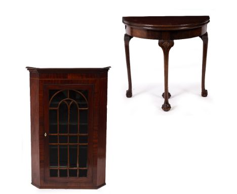 A GEORGIAN STYLE MAHOGANY DEMILUNE FOLD OVER CARD TABLE 76cm wide x 38cm deep x 74cm high together with a 19th century mahoga
