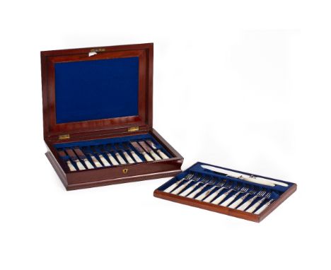 A SILVER PLATE AND MOTHER OF PEARL HANDLED EIGHTEEN PLACE SETTING FISH SERVICE in a fitted mahogany box, the box 34cm wide Co