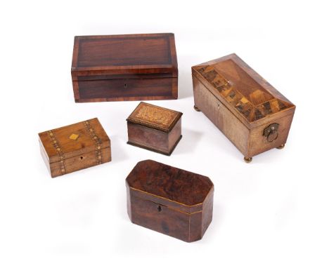 A 19TH CENTURY WALNUT AND MARQUETRY TEA CADDY of sarcophagus form, with ring handles and brass ball feet, 31cm wide x 16cm de