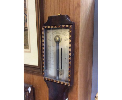 A GEORGE III MAHOGANY STICK BAROMETER by J &amp; W Watkins, Charring Crofs, 11.5cm wide x 95.5cm high Condition: restoration 