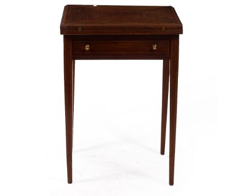 AN EDWARDIAN MAHOGANY AND SATINWOOD INLAID ENVELOPE CARD TABLE 51cm square x 71cm high Condition: surface marks, scratches an