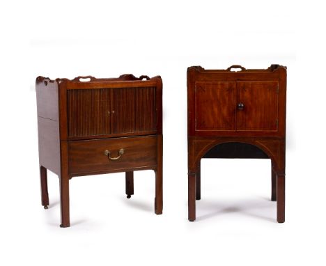 A 19TH CENTURY MAHOGANY TRAY TOP COMMODE with a tambour front above a drawer with a brass swan neck handle, 89cm wide x 46cm 